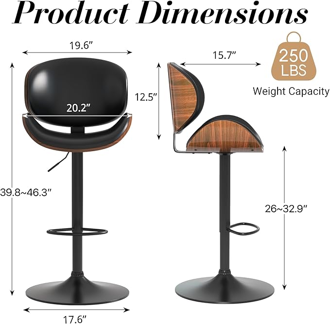 Adjustable Swivel Bar Stools Set of 3, Modern Bentwood Barstool with Large Metal Base and Footrest, PU Leather Upholstered Bar Chair with Curved Back for Kitchen Island Dining Room, Black