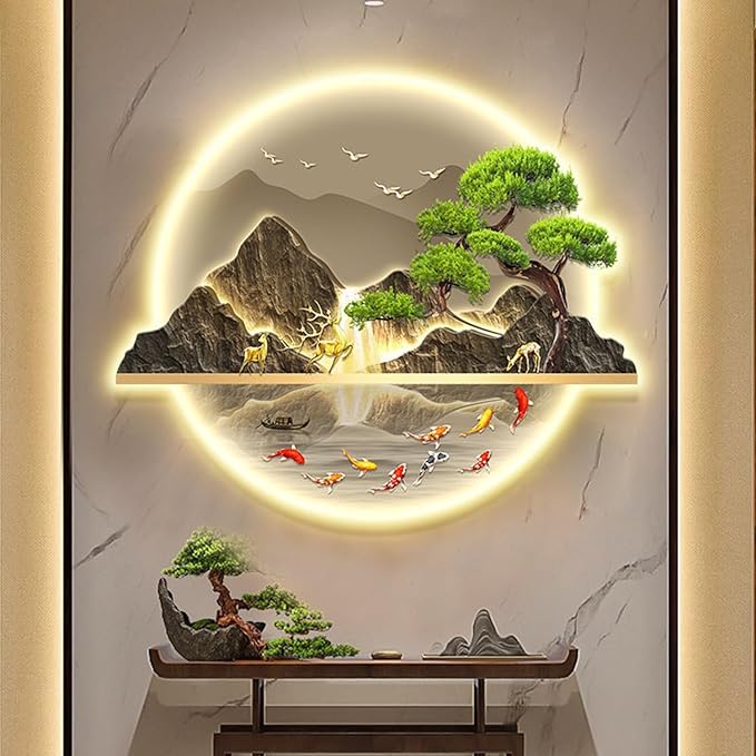 B,50 * 60cm, Mountain Tree Wall Art with Led Light, Zen Wall Art Decor, Luminous Wall Sculptures Painting, for Study Room, Dining Room, Living Room, Tea Room