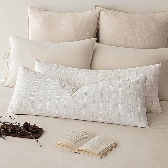 Foindtower Set of 2 Decorative Linen Check Throw Pillow Covers Neutral Long Body Lumbar Cushion Covers Farmhouse Vintage Boho Home Decor For Sofa Chair Couch Bedroom Living Room,14×36 Inch,Cream White