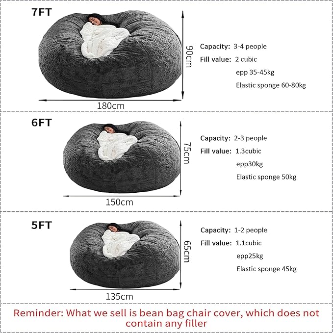 Bean Bag Chair for Adults Kids Without Filling Comfy Fluffy Giant Round Beanbag Lazy Sofa Cover for Reading Chair Floor Chair, 7FT, Dark Grey