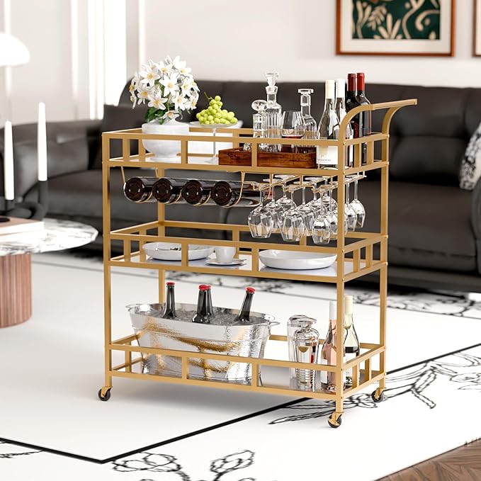 TONGMO Gold Bar Carts with 3 Tier Mirror Shelves, Home Bar Cart with Wine Rack and Glass Holder, Perfect for Indoor and Outdoor Use, Stylish and Functional Kitchen and Entertainment Space Addition