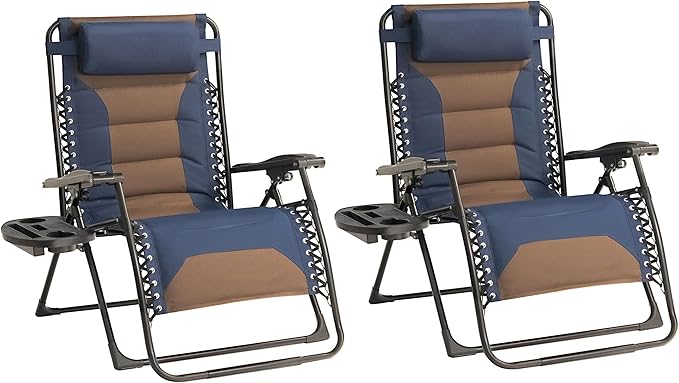Zero Gravity Chair Set of 2 Oversized Padded Recliner with Adjustable Headrest & Cup Holder - 600D Oxford Folding Lounge Chair for Outdoor Camping, Patio, Poolside (Brown & Blue)