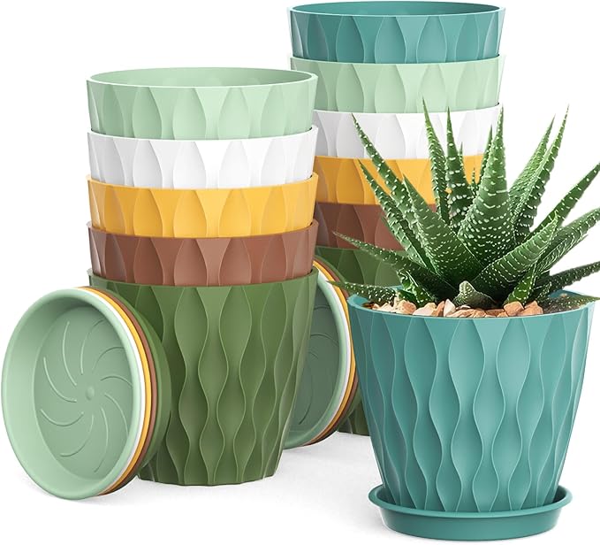 4 Inch Small Pots for Plants, 12 Pack Waffle Texture Small Plant Pots for Succulents, Plastic Planter with Drainage Holes and Saucers for Indoor Outdoor Plants, Flowers, Herbs, Seedlings, Colorful