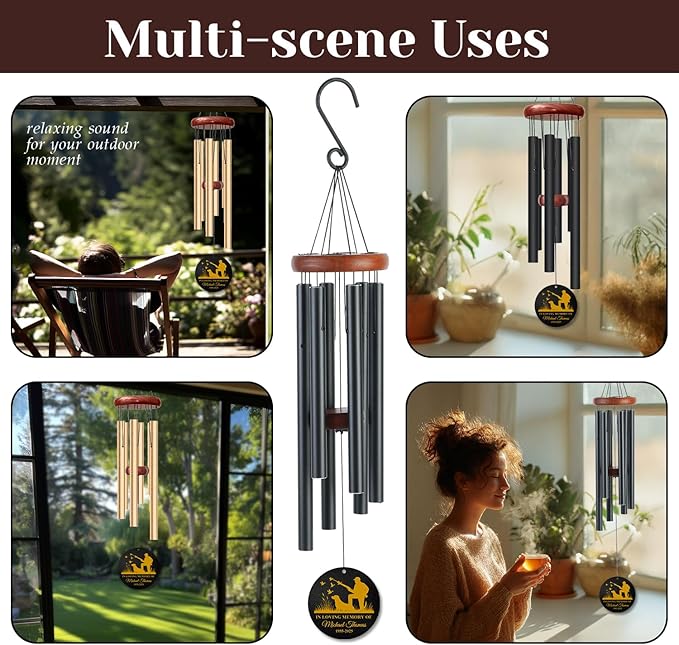Personalized Hunter & Dog Memorial Wind Chime – “in Loving Memory of” Golden Engraved Hunting Scene – Custom Name & Years Sympathy Gift – Windchimes for Loss of Loved One – Nature Tribute Décor