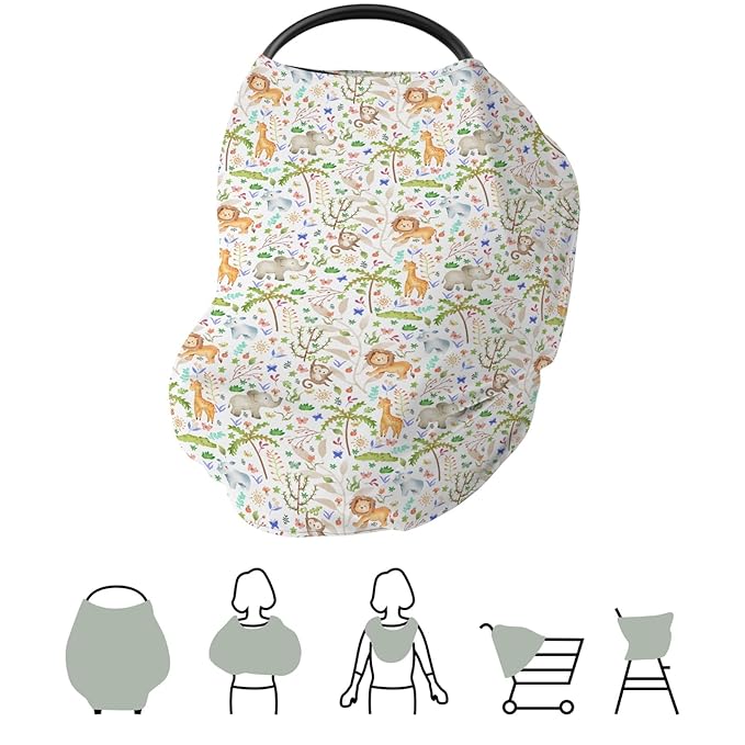 Boho Zoo Jungle Safari Car Seat Cover for Babies Zoo Animals Tropical Leaves Stretchy 5-in-1 Cover Adjustable Car Canopy Breastfeeding Cover Wildlife Adventure Breathable Nursing Cover-Up