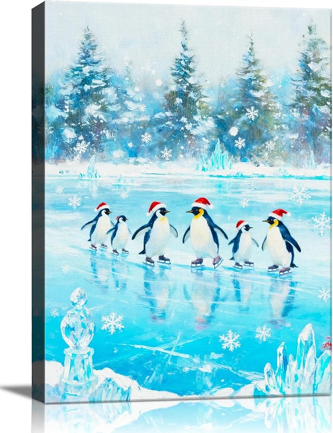 Christmas Penguin Canvas Wall Art - Playful Penguins in Snowy Forest Scene Framed Print for Living Room & Bedroom, Cozy Christmas Wall Decor, Charming Christmas Gifts & Festive Decorations