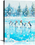 Christmas Penguin Canvas Wall Art - Playful Penguins in Snowy Forest Scene Framed Print for Living Room & Bedroom, Cozy Christmas Wall Decor, Charming Christmas Gifts & Festive Decorations