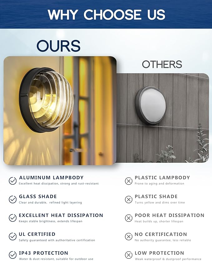FEMILA 10" Modern Outdoor Wall Lantern, 2 Pack Nautical Outdoor Lighting, Bulkhead Sconce for Front Porch/Entry Light, Aluminum, Ripple Glass, ETL & UL Listed, 4FYX105FL-2 BK SW