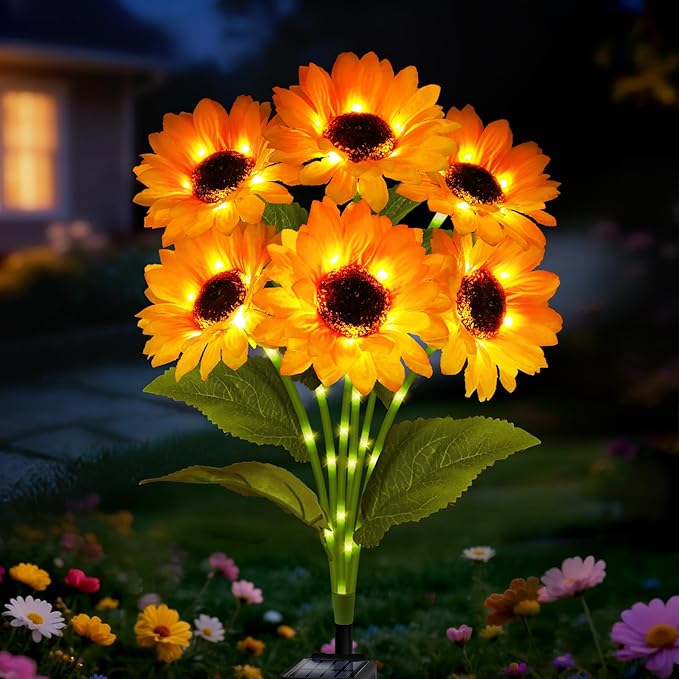 Upgraded Solar Sunflower Lights 1 Pack with 6 Outdoor Decor Flower Lights for Garden Gift for Mom and Friends, IP65 Waterproof Sunflower Garden Stake Lights for Yard Patio Lawn Pathway (Warm White)