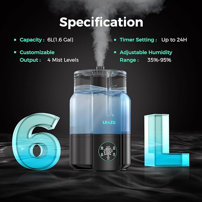 6L/1.59Gal Humidifier for Plants, Reptile Fogger Mister with Precise Temp & Humidity Probe/Expandable Hose, Smart Humidifier for Grow Tent, Mushroom, Houseplants, Reptile Tank 24H Timer