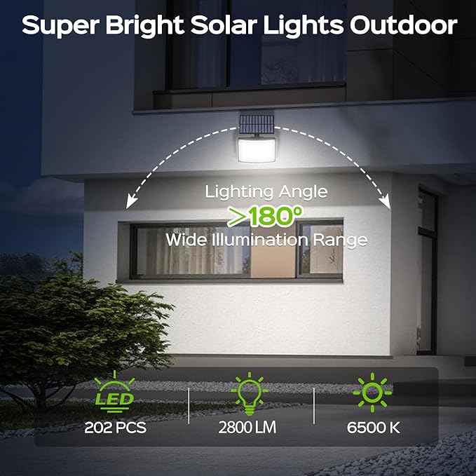 Adiding Solar Outdoor Lights, 202 LEDs Flood Lights with 16.4 ft Cable, Remote Control Solar Motion Sensor Outdoor Lights, 3 Modes Solar Powered Security Lights for Outside Patio, Yard, Garage, 2 Pack