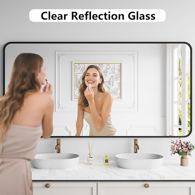 Koonmi Bathroom Mirror, 36X71 Inch Black Metal Framed Mirror for Bathroom, Tempered Glass, Anti-Rust, Rounded Rectangle Mirror for Restroom, Bedroom, Black
