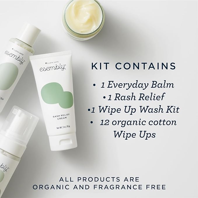 Esembly Skincare Kit, Baby Arrival Gift Set with Organic Diaper Creams, Reusable Organic Cotton Wipes and Wipe Cleanser with Foamer - Mama and Baby Essentials for Cloth Diapering