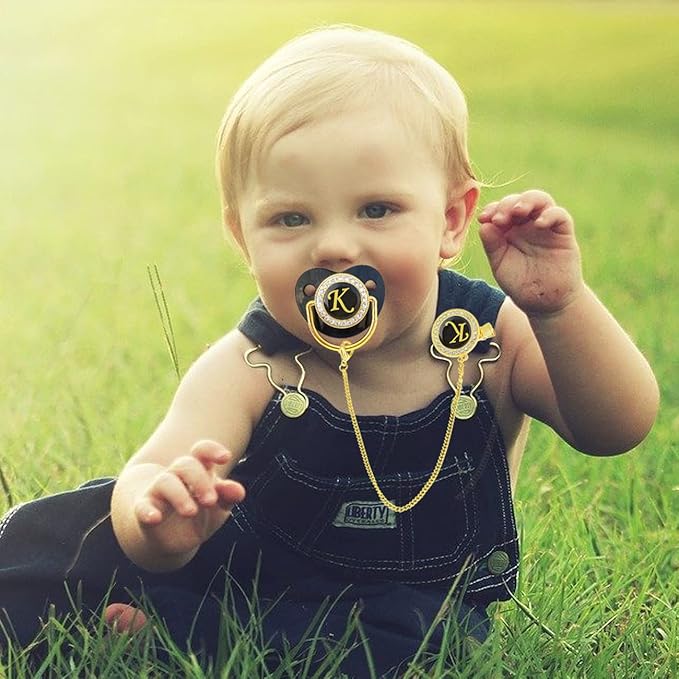 Bling Personalized Black Baby Pacifier with Pacifier Clips and Anti-dust Cover A-Z 26 Letters(Black,K)