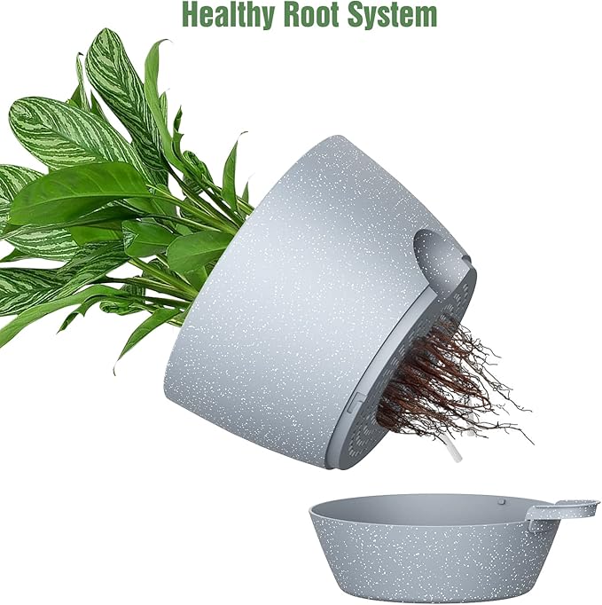 10 inch Self Watering Planters, 2 Pack Large Plastic Plant Pots with Deep Reservior and High Drainage Holes for Indoor Outdoor Plants and Flowers, Speckled Grey