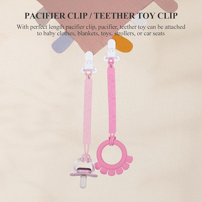 One Piece Design Silicone Pacifier Clip Holder for Baby Boys and Girls,Pack of 4 Flexible Paci Leash,Binky Clips,Newborn Essentials (Flowers & Leaves, Pink)