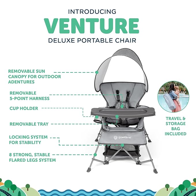Baby Delight Go with Me Venture Portable Chair | Indoor and Outdoor | Sun Canopy | 3 Child Growth Stages | Elephant Grey