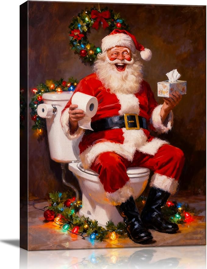 Funny Santa Claus Christmas Canvas Wall Art - Humorous Bathroom & Office Framed Print Ready to Hang, Unique Christmas Gifts for Family, Festive Winter Decor & Amusing Christmas Decorations