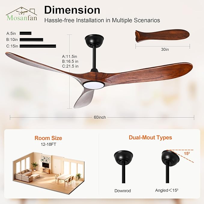 60 Inch Ceiling Fans with Lights and Remote, Wood Outdoor Ceiling Fan with 6 Speed Noiseless DC Motor, Indoor Modern 3 Blade Propeller Ceiling Fan for Bedroom Living Room Gazebo Patio(Walnut)