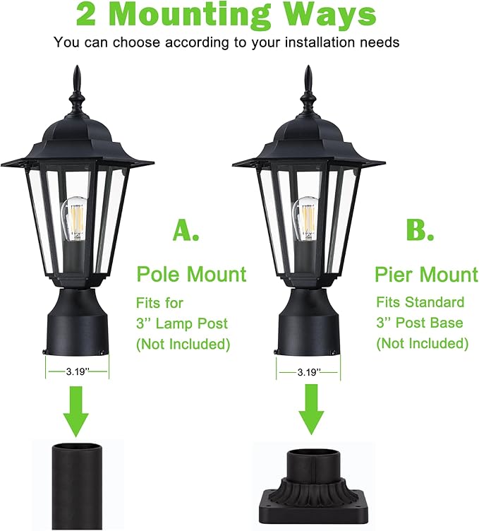 Outdoor Post Light, Pole Lantern, Waterproof Die-Cast Aluminum Pole Light Fixture with Glass, Exterior Post Lamp for Garden Yard Patio Pathway, Matte Black, 1-Pack