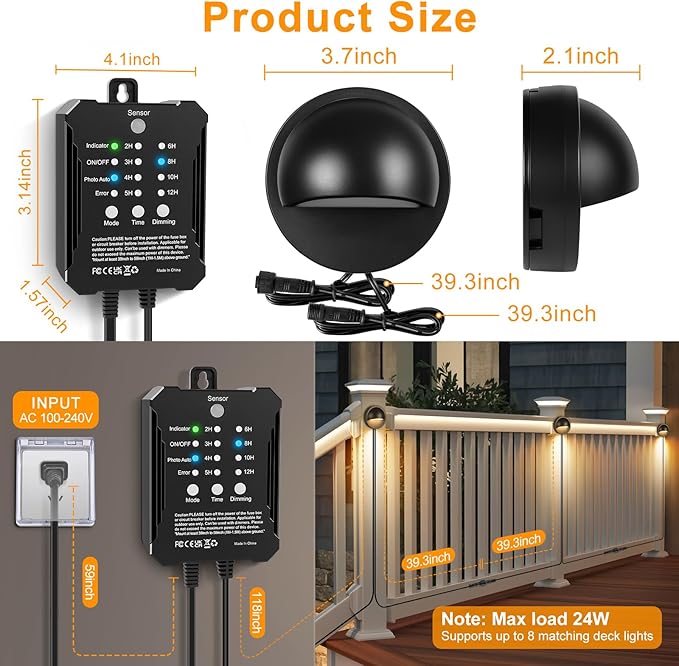 Low Voltage LED Deck Lights Kit with Plug-in Transformer, Dusk-to-Dawn Timer and Photocell Sensor, 3000K Warm White IP67 Waterproof Outdoor Step Lights for Deck Stairs, Railing, Fence, Patio (6 Pack)