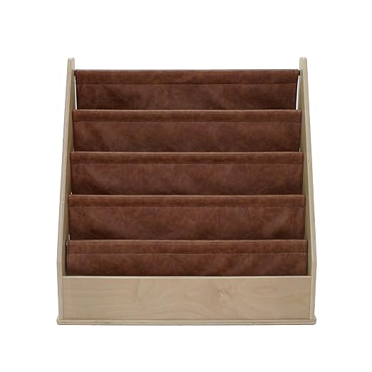 Factory Direct Partners Rustic Kid Birch Sling Book Display; Distressed Faux Leather 4-Shelf Storage for Books or Magazines; Furniture for Bedroom, Playroom, Daycare, Classroom - Hazelnut, 13745-322