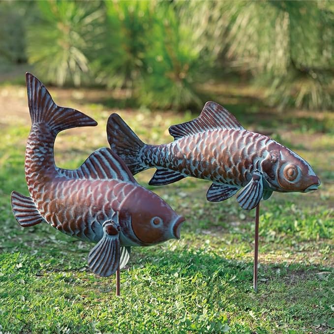 Set of 2 Koi Fish Decor Outdoor Statue Sculpture Garden Pond Fishes Yard Art Antique Copper Koi Sculptures & Statues Large Metal Koi Fish Figurine Ornaments Décor Gifts for Women Mom Grandma