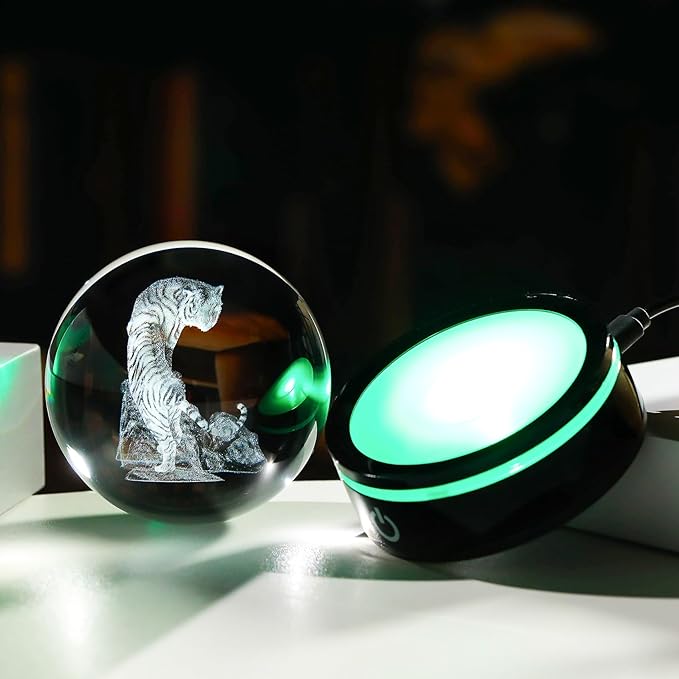 YWHL 3D Tiger Figurine Crystal Ball with Colorful Light Base, Tiger Gifts for Women Men, 3D Laser Engraved Full Sphere Glass Decorative Ball for Home Office (80mm)