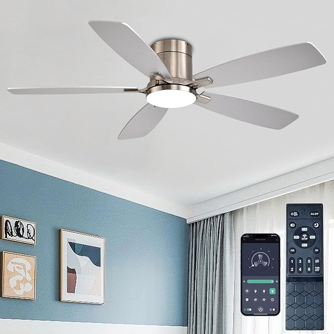 Ayaoty 52 Inch Low Profile Ceiling Fans with Lights and Remote, Flush Mount Modern Ceiling Fan, 3CCT Dimmable DC Ceiling Fan for Bedroom, Living Room, Brushed Nickel