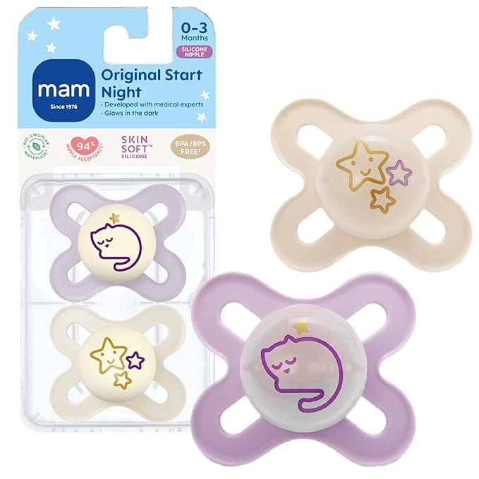 MAM Original Start Baby Pacifiers 0-3 Months, BPA-Free Skin Soft Silicone Nipple, Glows in The Dark, Developed with Medical Experts Specially for Smaller Newborn Mouths, 2 Pk with Sterilizer Case