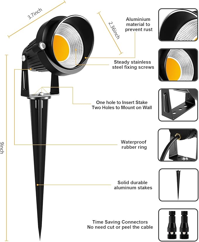ZUCKEO 10W Landscape Lighting Low Voltage LED Landscape Lights, IP66 Waterproof Landscape Spotlights Yard Lawn Garden Outdoor Lights 12V 24V 1000LM Warm White (12Pack with Connectors)
