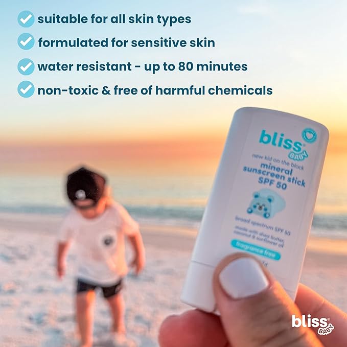 Bliss Baby Mineral Face Sunscreen Stick, SPF 50, Natural Zinc Oxide, Unscented, Hypoallergenic & Dermat Tested, Water-Resistant, Vegan, Sensitive Skin - For Toddlers, Babies, Kids & Whole Family