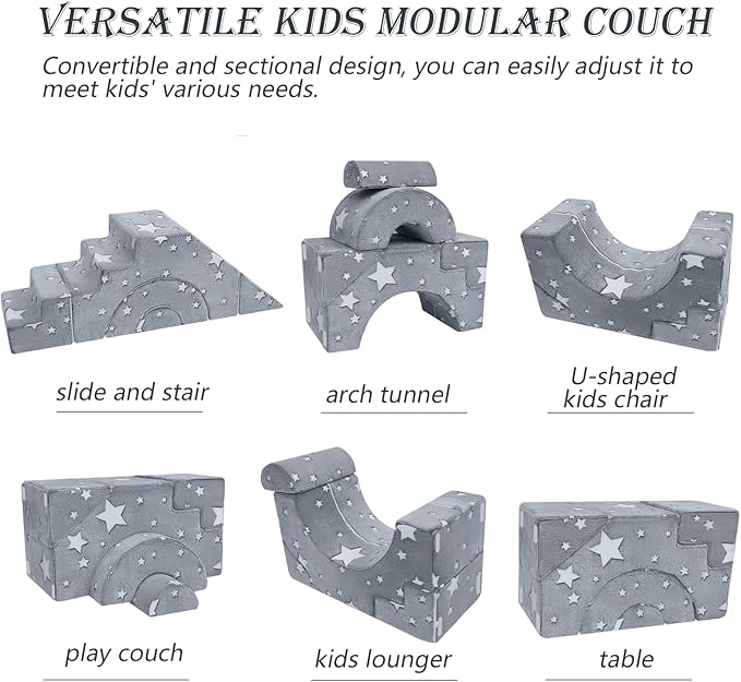 MeMoreCool Foam Climbing Toddler Couch, Modular Kids Sofa with Slide & Stair, Convertible Baby Couch for Playroom, Sectional Furniture for Crawling, Climbing, and Kids’ Play