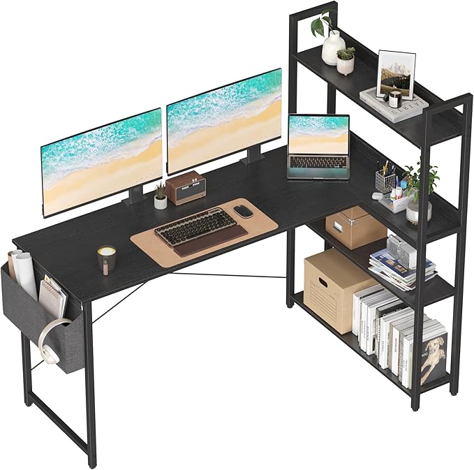 Treesland 55 Inch Computer Desk with Storage Shelves, L Shaped Desk with Storage, Corner Desk with Storage, Home Office Desks, Bookshelf Desk, Writing Study Desk for Bedroom, Black