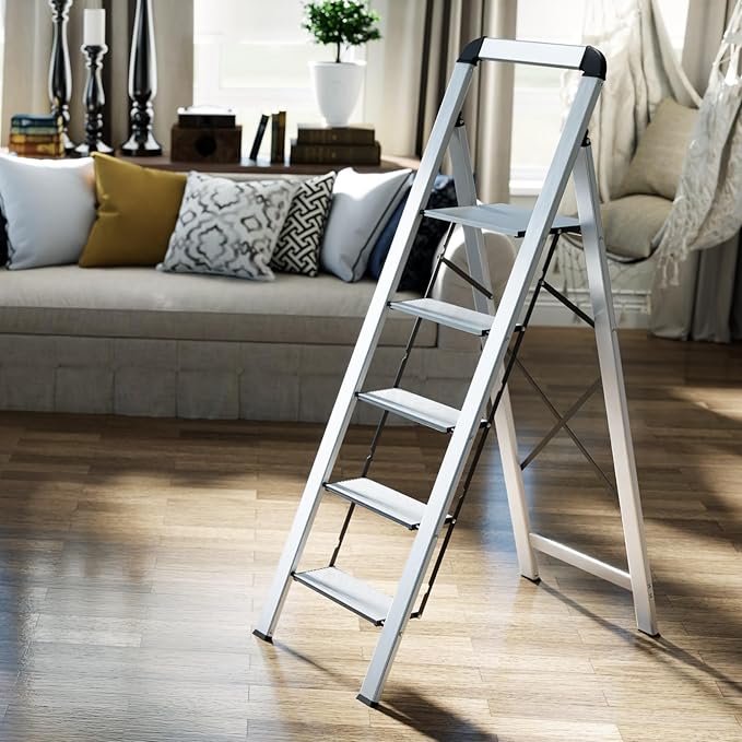 KINGRACK Aluminium 5 Step Ladder, Lightweight Step Stool with Non-Skid Pedals, Handrail, Foldable Step Ladder for Kitchen, Garage, Home, Space Saving, Sturdy and Portable, Silver