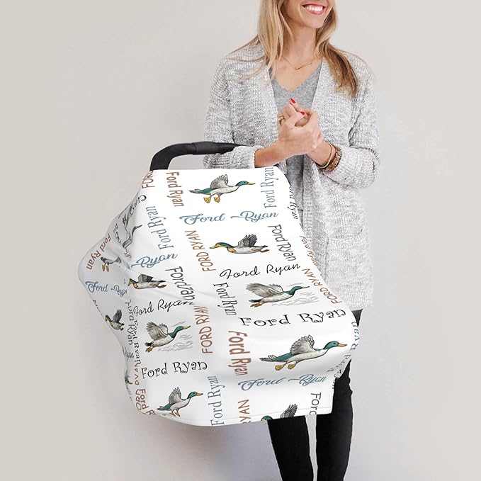 Personalized Car Seat Covers with Name, Mallard Duck Baby Canopy Carrier Cover, Breathable Breastfeeding Nursing Cover, Stretchy Multi-Use Infant Carseat Stroller Cover