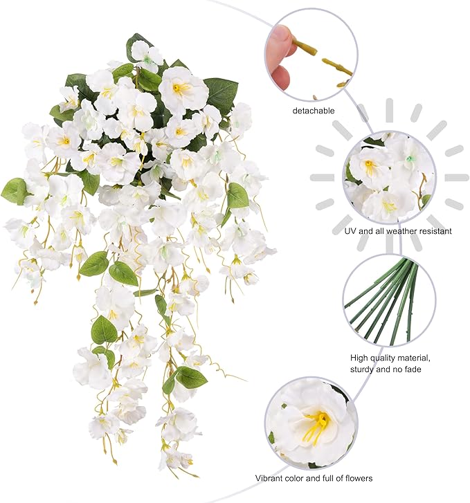 Artificial Hibiscus Fake Hanging Flowers Plants for Outdoor Spring Summer Decoration, 2pcs White Silk Hibiscus Long Trailing Vines UV Resistant Realistic Faux Flower for Outside Front Door Porch Patio