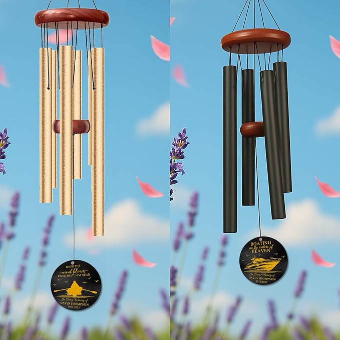 Personalized Boating Memorial Wind Chime – “Boating on The Waters of Heaven” Custom Name & Years – Nautical Sympathy Gift for Loss of Loved One – Outdoor Sailboat Remembrance Windchime for Sea Lovers