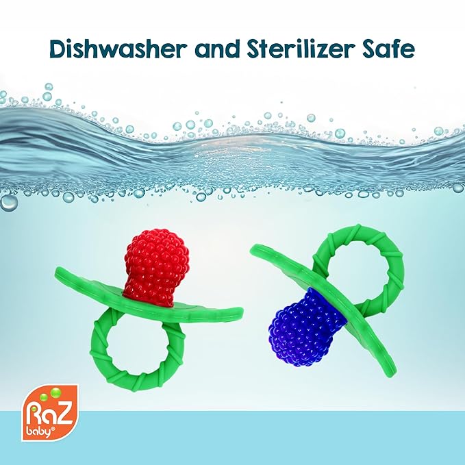 RaZbaby Teether Bundle – Chompy 2-Pack & Red RaZberry Pacifier for Babies 3M+, BPA-Free, Freezable, Sensory Teething Relief, Hands-Free, Easy to Hold, Soft Silicone – Great Baby Gift Set