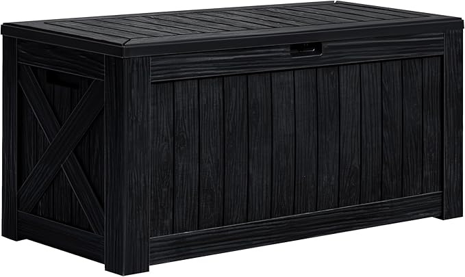 Greesum 120 Gallon Deck Box, Resin Outdoor Storage Container for Patio Furniture, Garden Tools, Pool Accessories, Weatherproof, Lockable, Black