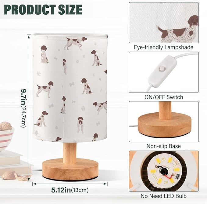 Table Lamp Cute Dog German Shorthaired Pointer Pattern Nightstand Lamp with Wood Base Fabric Lamp Shade Bedside Desk Lamp for Living Room Bedroom Kids Room Office