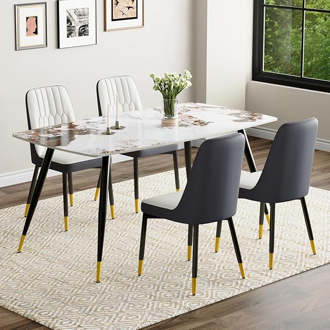 Modern Dining Table Set for 4, 62'' Sintered Stone Table, 4 Chairs, Easy to Assemble