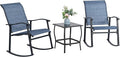 Vongrasig 3 Piece Outdoor Rocking Bistro Set, Textilene Fabric Small Patio Furniture Set, Front Porch Rocker Chairs Conversation Set with Glass Table for Lawn, Garden, Balcony, Poolside (Denim Blue)