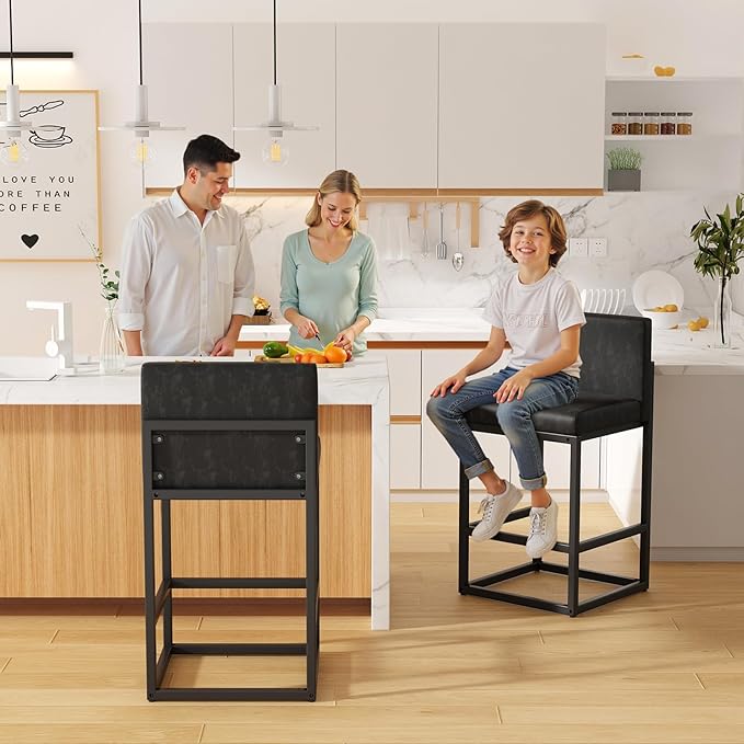 Barstools Set of 2 Black Metal Bar Stools Modern Bar Chairs Pu Leather for Kitchen Island Counter Height Cafe Resturant Stools, 26 Inch