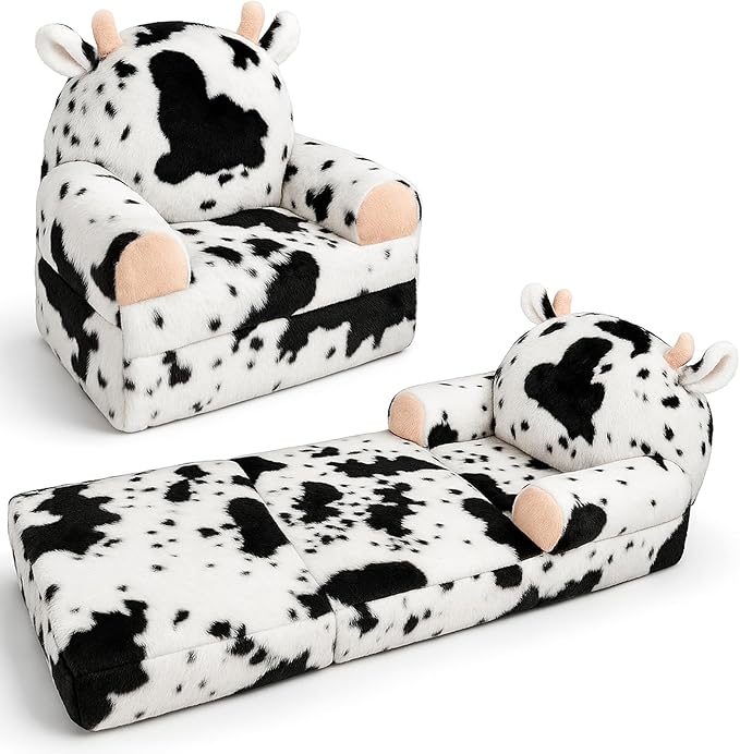 Toddler Chair with Faux Rabbit Fur – 2-in-1 Foldable Kids Couch, Soft Sofa for Reading, Napping, Bedroom or Playroom Use, 18 Months+ （Cow）