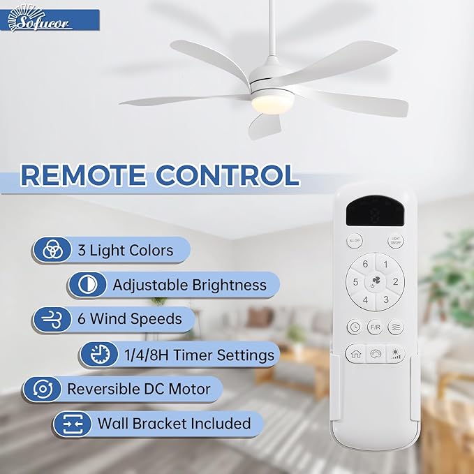Sofucor 52 Inch Ceiling Fans with Lights and Remote, Outdoor Ceiling Fan with Light 6-Speed 3 CCT 3-Timer, White Low Profile Ceiling Fan 5 Blade Reversible DC Motor for Living Room Bedroom Patio