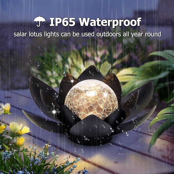 Huaxu Solar Lights Outdoor Garden Decor Metal Black Lotus Decoration, Crackle Globe Glass Waterproof LED Outside Table Lamp for Patio,Lawn, Yard,Walkway,Tabletop,Ground Gifts for Mom