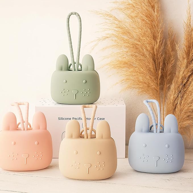 ROCCED Pacifier Holder Case Silicone Bunny Design Pacifiers Pouch with Soft Silicone Strap, Travel Storage for Stroller & Diaper Bag, Pacifier Holder Pouch for Baby, Set of 3 Beige Dusty Green Blue