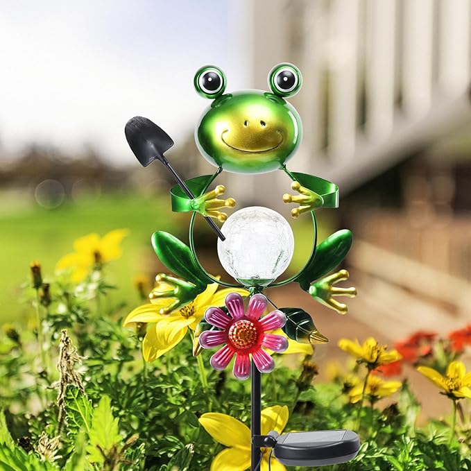 Bshine Frog Solar Light Outdoor Garden, Cracked Glass Metal Solar Garden Stakes for Pathway, Backyard Decoration, Yard Art, Lawn Ornaments, Frog Gifts for Women, Mom, Frog Lovers