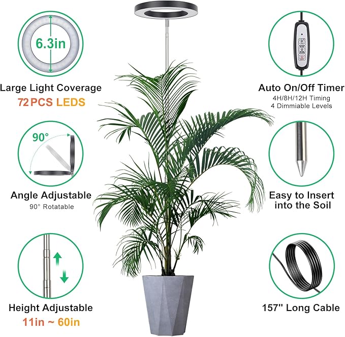 LORDEM Plant Grow Light, Full Spectrum Plant Light for Indoor Plants, Brightness Adjustable LED Growing Lamp with Auto On/Off Timer 4H/8H/12H, Height Adjustable, 2 Packs of Black